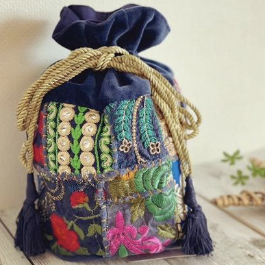 刺繍パッチワーク巾着バッグ